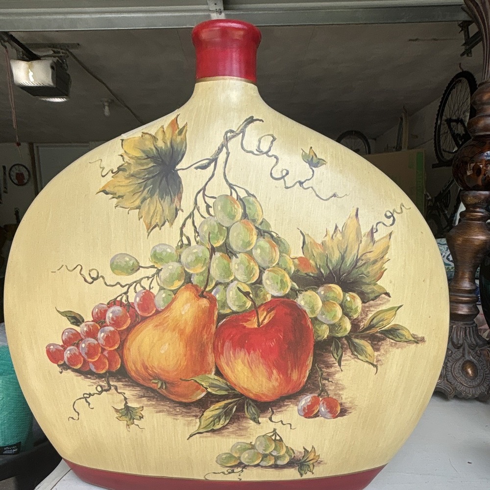 Ceramic Art Vase Bottle Shape Fruit Pattern Matte Beige Red Green 13.5"